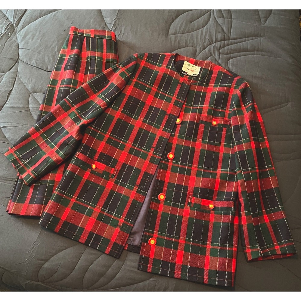 Avoca Irish Wool Tartan Plaid Blazer & Midi Skirt Matching Set M Petite Holiday